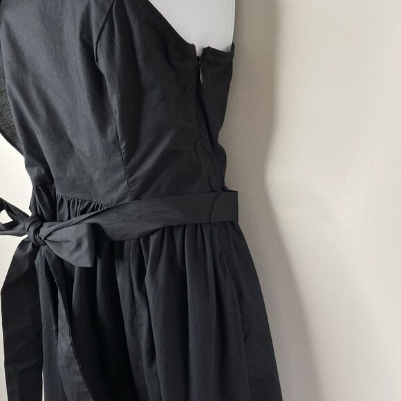 J.CREW Midi Dress Women 6 One-Shoulder Solid Black Cotton Blend Tie Waist CA430 - Picture 5 of 14